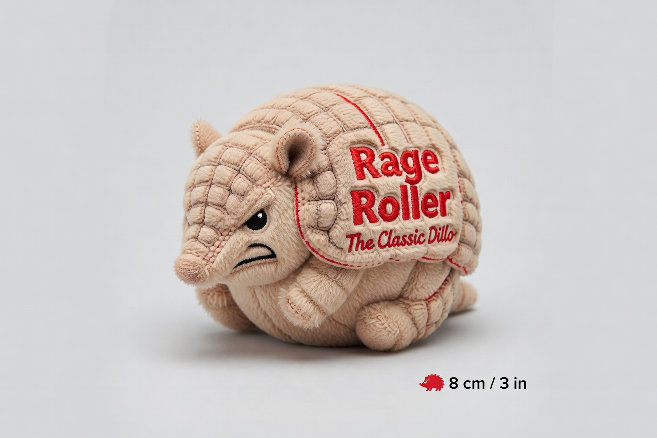 Angry-faced small armadillo plush curled into a defensive ball with red accents