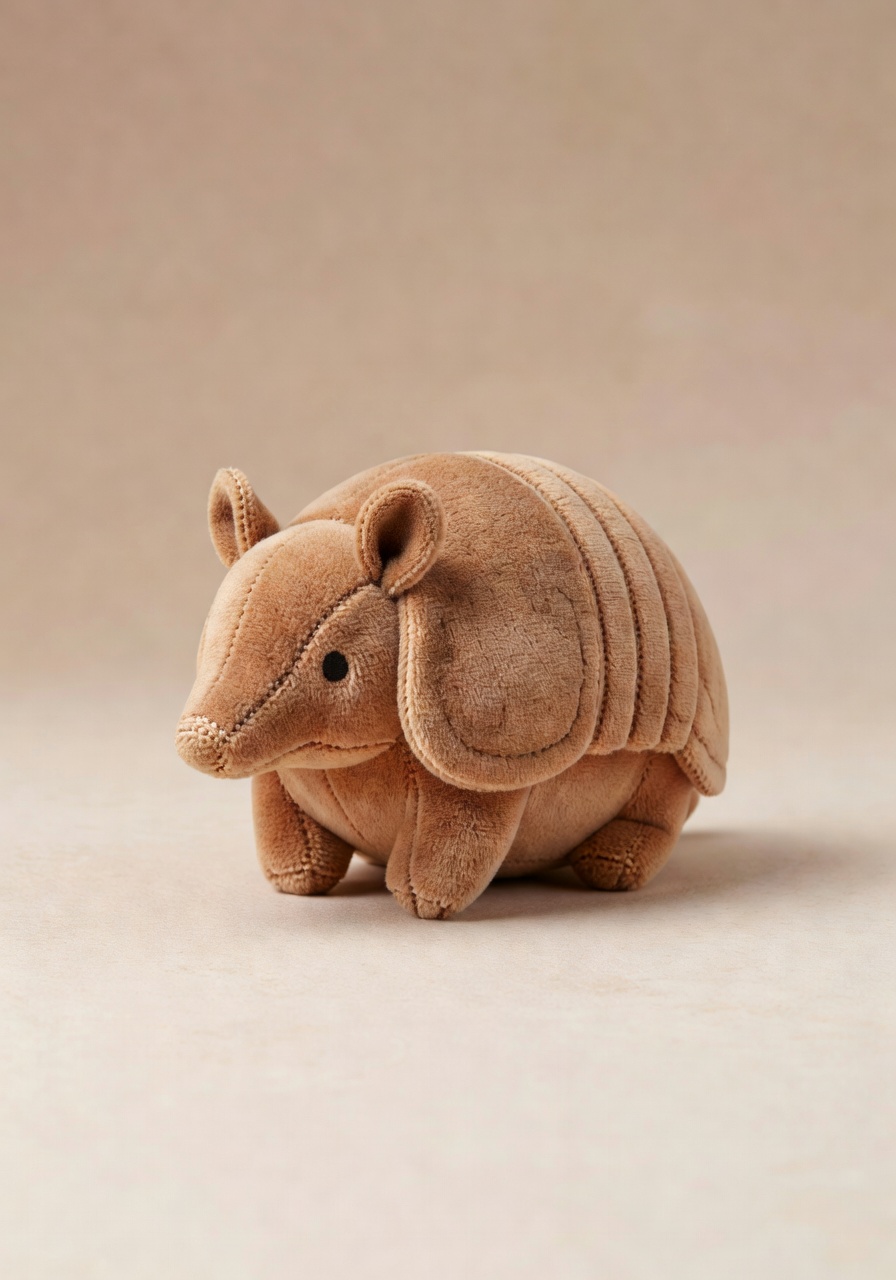 Classic small armadillo plush toy in sandy brown color sitting upright