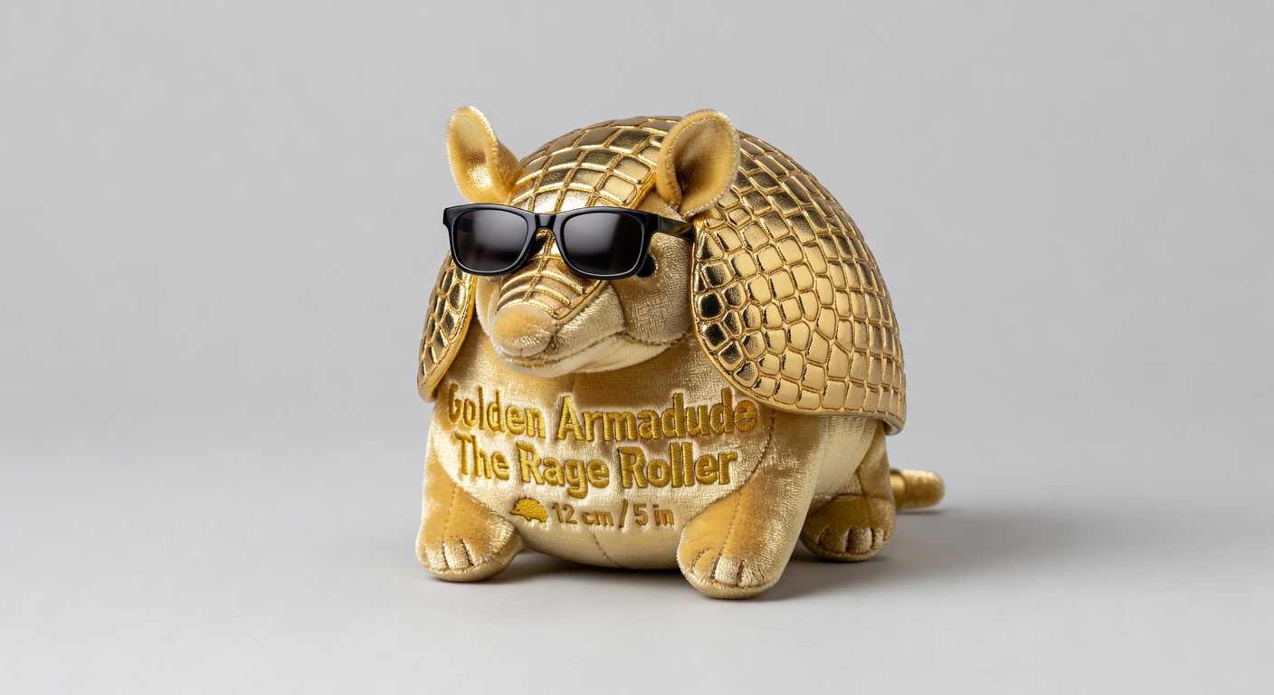 Gold and metallic colored small armadillo plush with sunglasses accessory