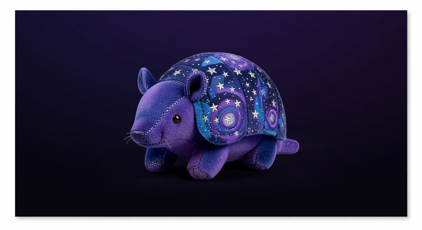 Purple and galaxy-themed small armadillo plush with star patterns on its shell