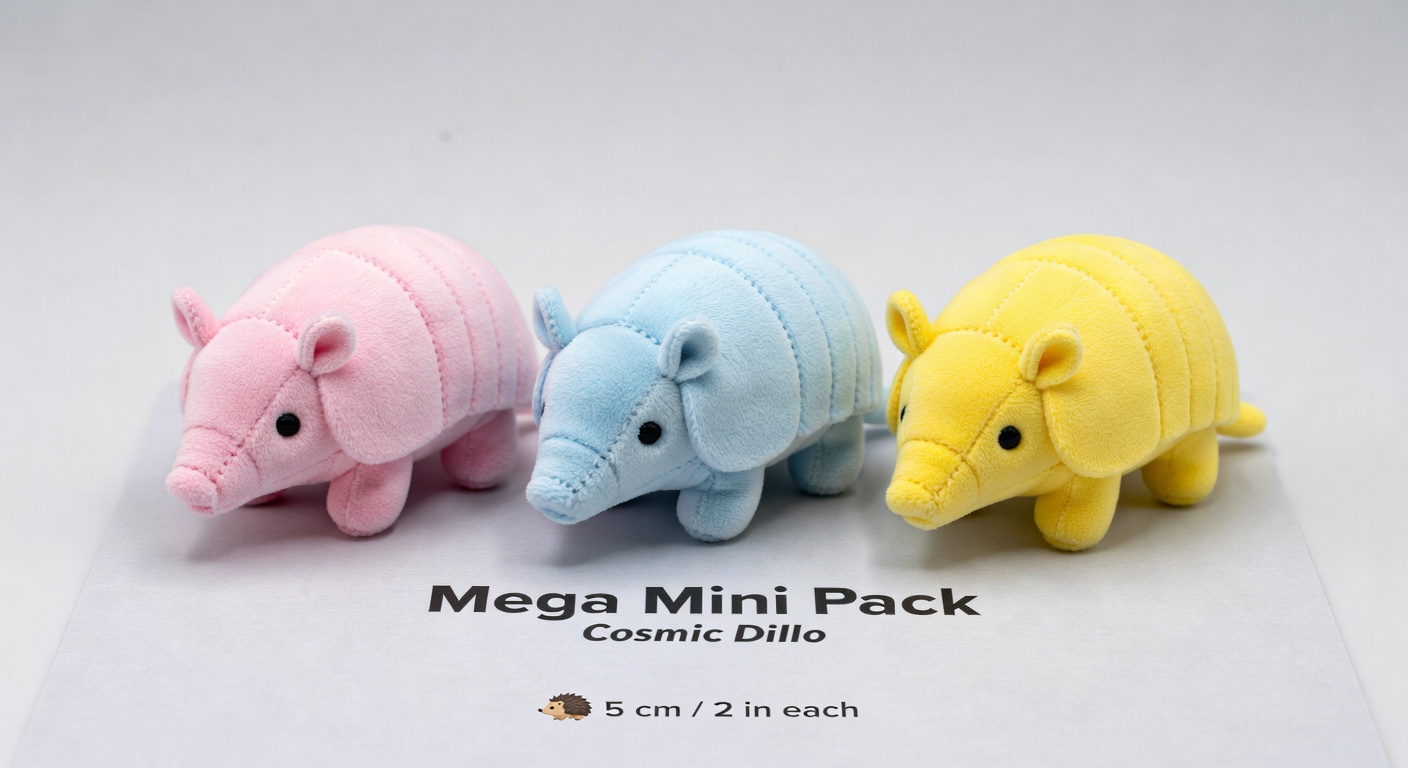 Set of three miniature armadillo plush toys in pink, blue, and yellow colors